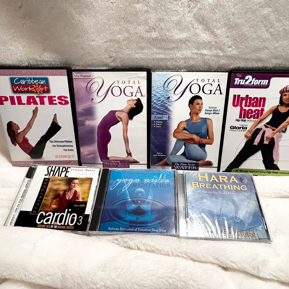 Lot of 7 Yoga Pilates Exercise Workout Fitness DVDs & CD'S, LAST 2 CD'S ARE NEW